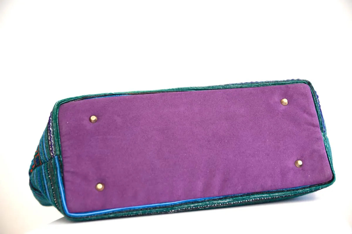 Bottom view showing purple base of hemp tribal tote bag