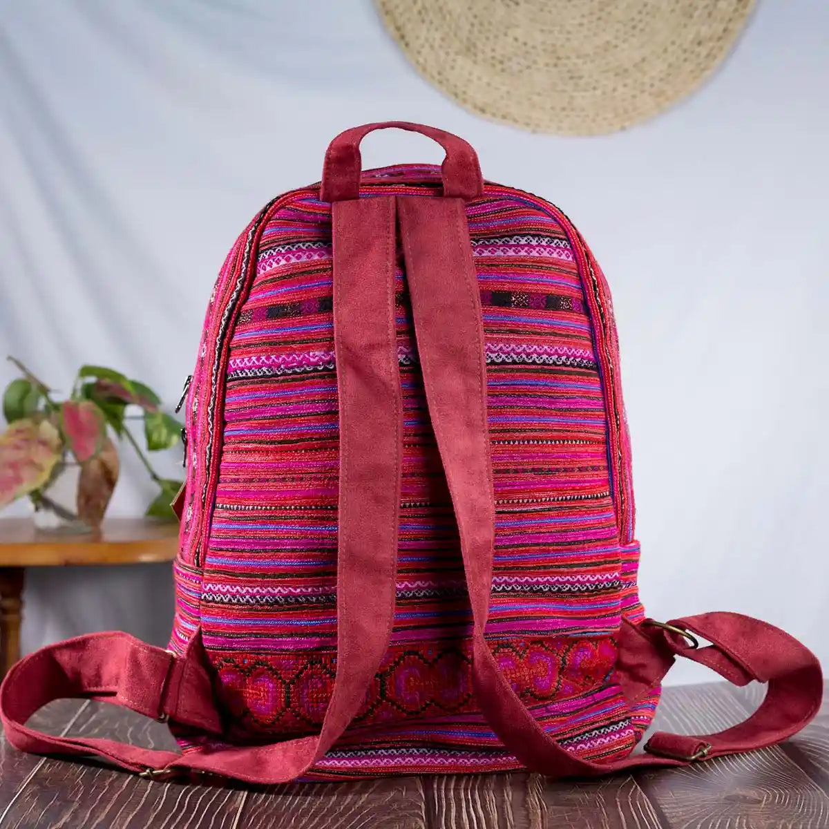 Vindigo pink embroidered cotton backpack back view