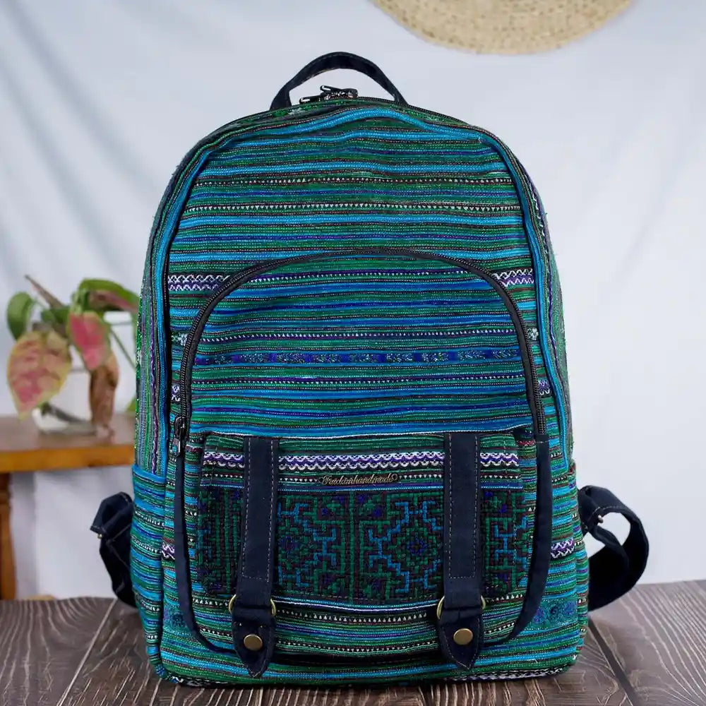 Vindigo handmade green Hmong embroidery backpack front full shot