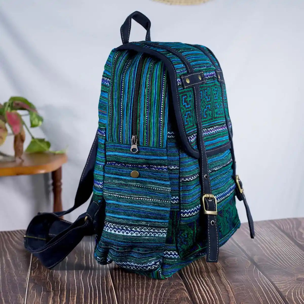 Vindigo blue embroidered cotton backpack side view