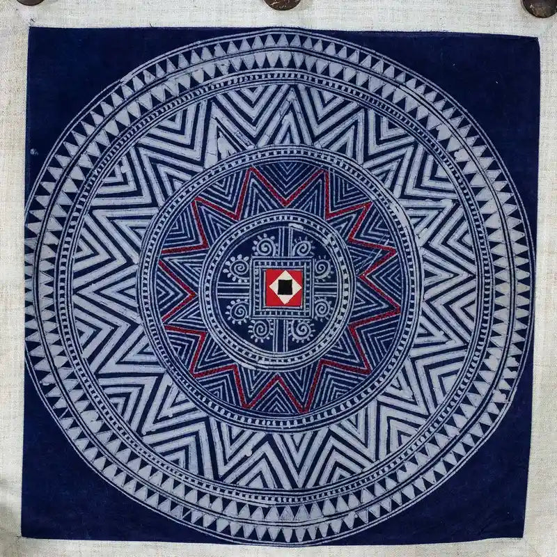 Vindigo indigo hemp batik tapestry close-up mandala detail