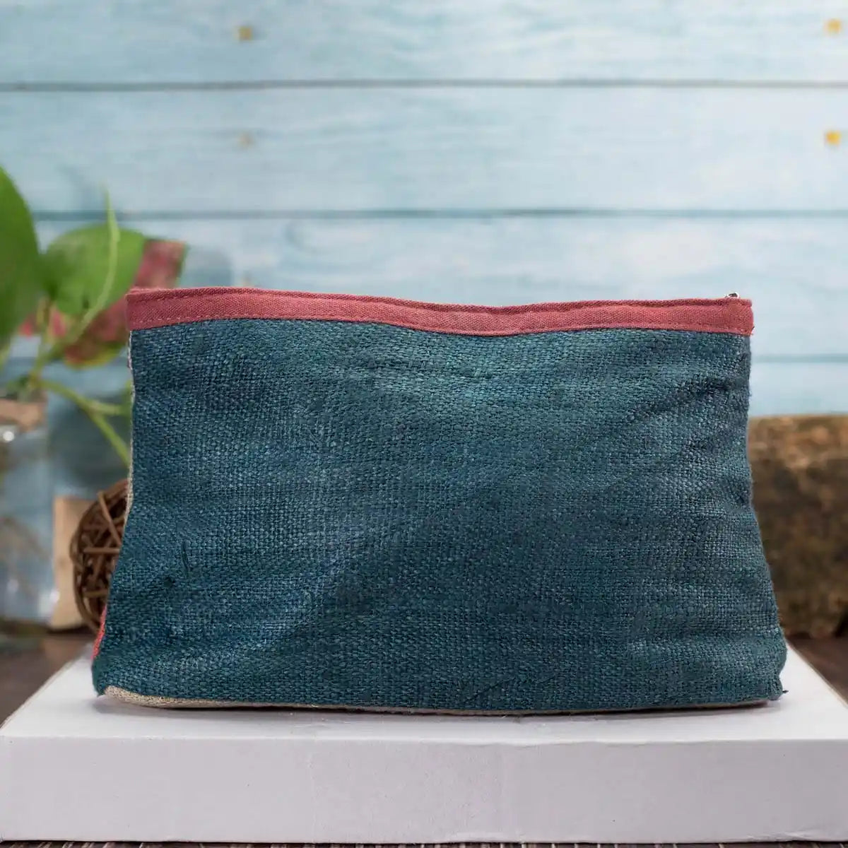 Vindigo hemp cosmetic bag back view in plain blue hemp fabric