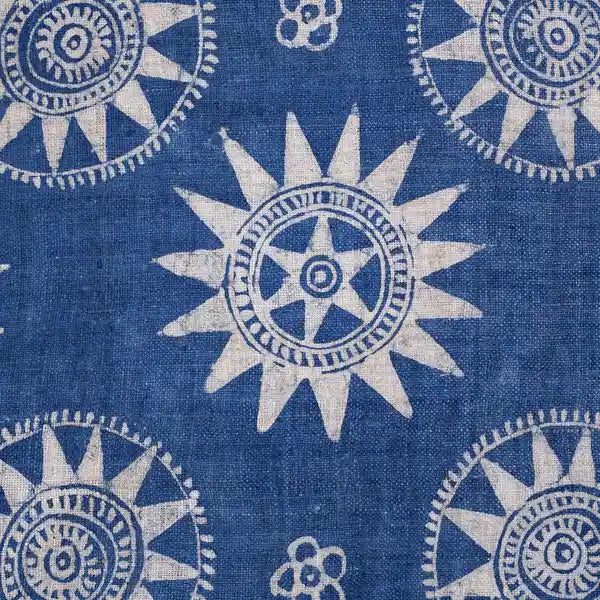 Vindigo indigo fabric roll close-up of sunflower motif