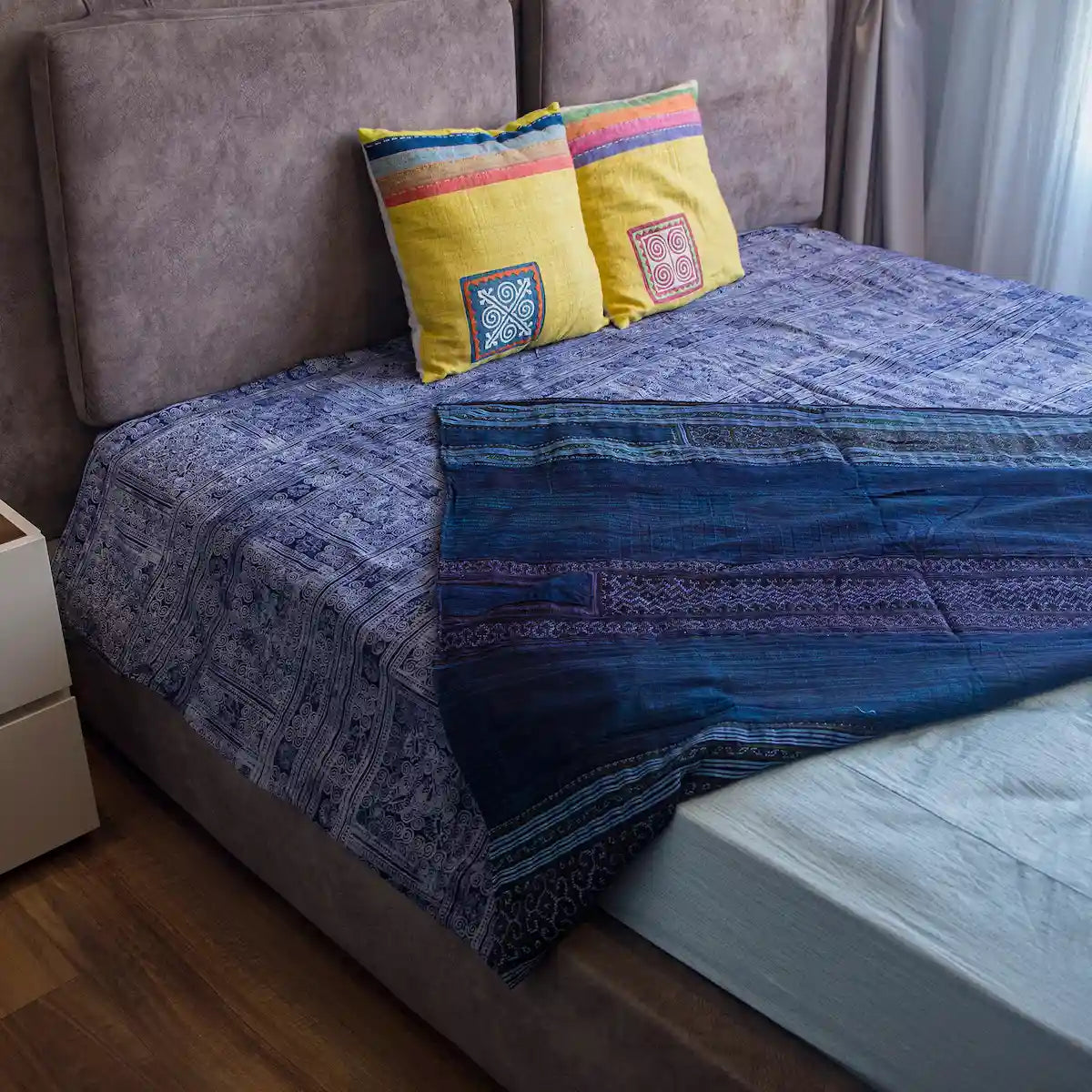 Vindigo indigo cotton bed cover dual-sided with batik and embroidery detail