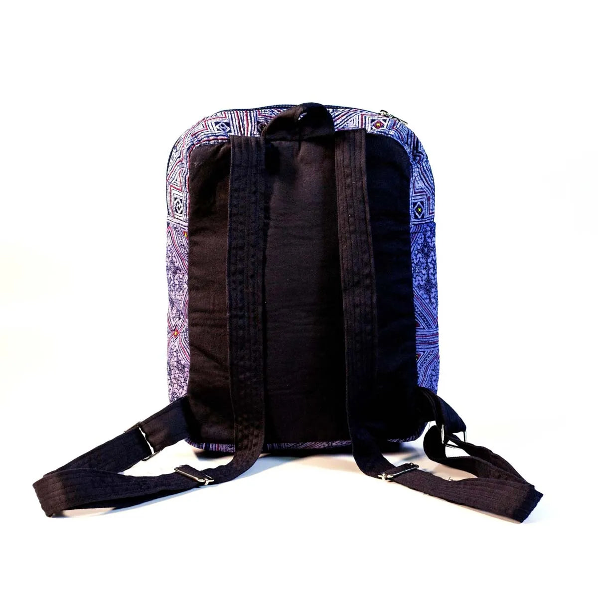 Vindigo purple hemp geometric backpack back view with straps