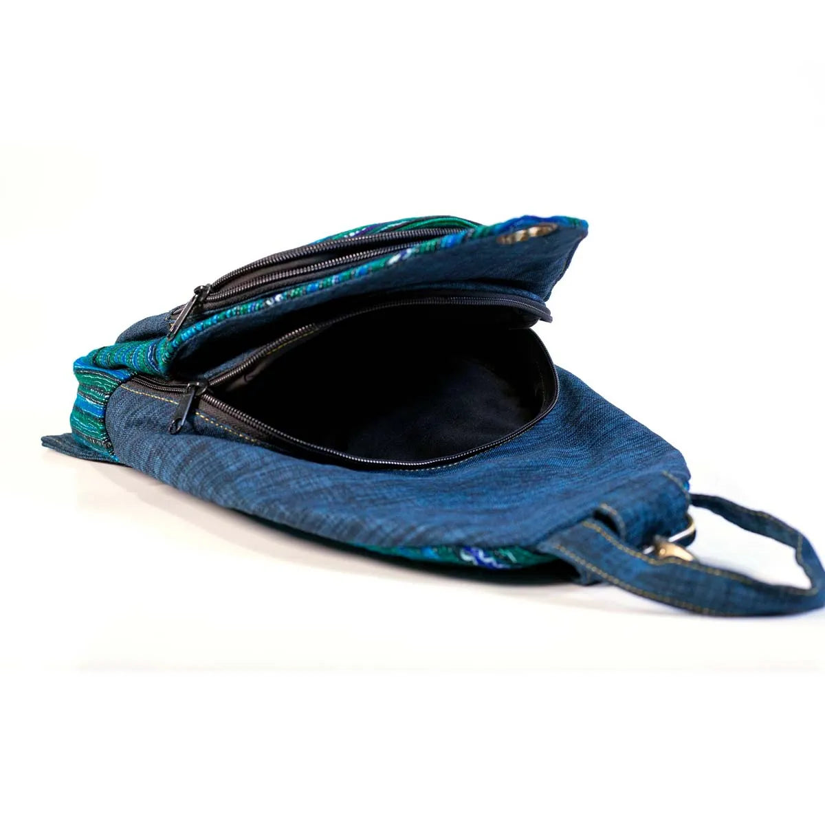 Vindigo blue striped hemp backpack open top detail