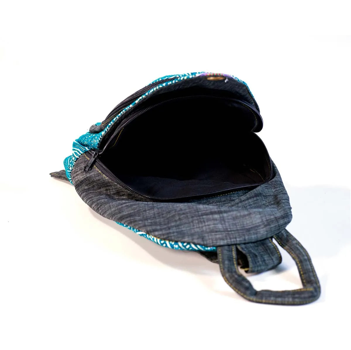 Vindigo blue hemp geometric backpack open top detail