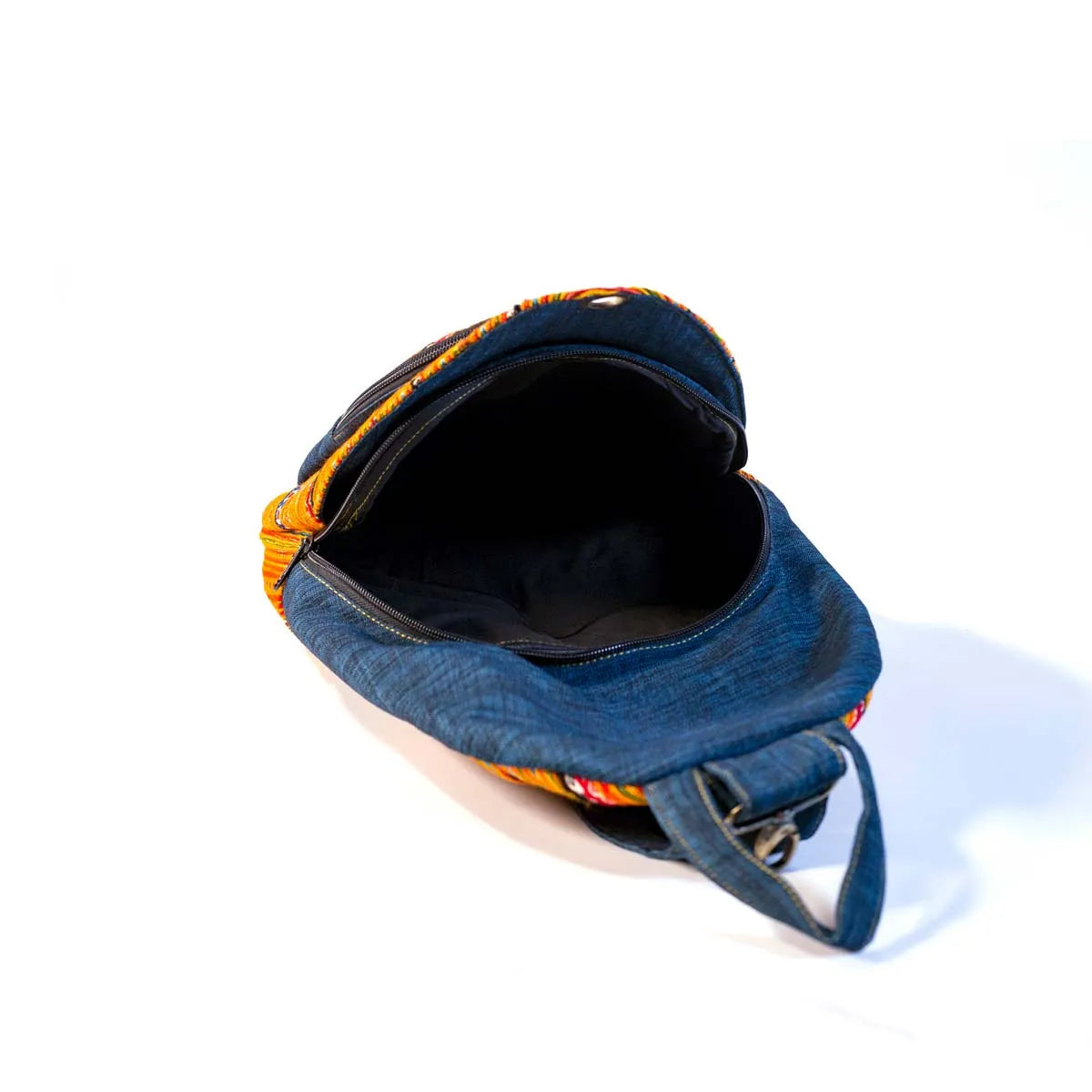 Vindigo orange hemp embroidered backpack open top detail