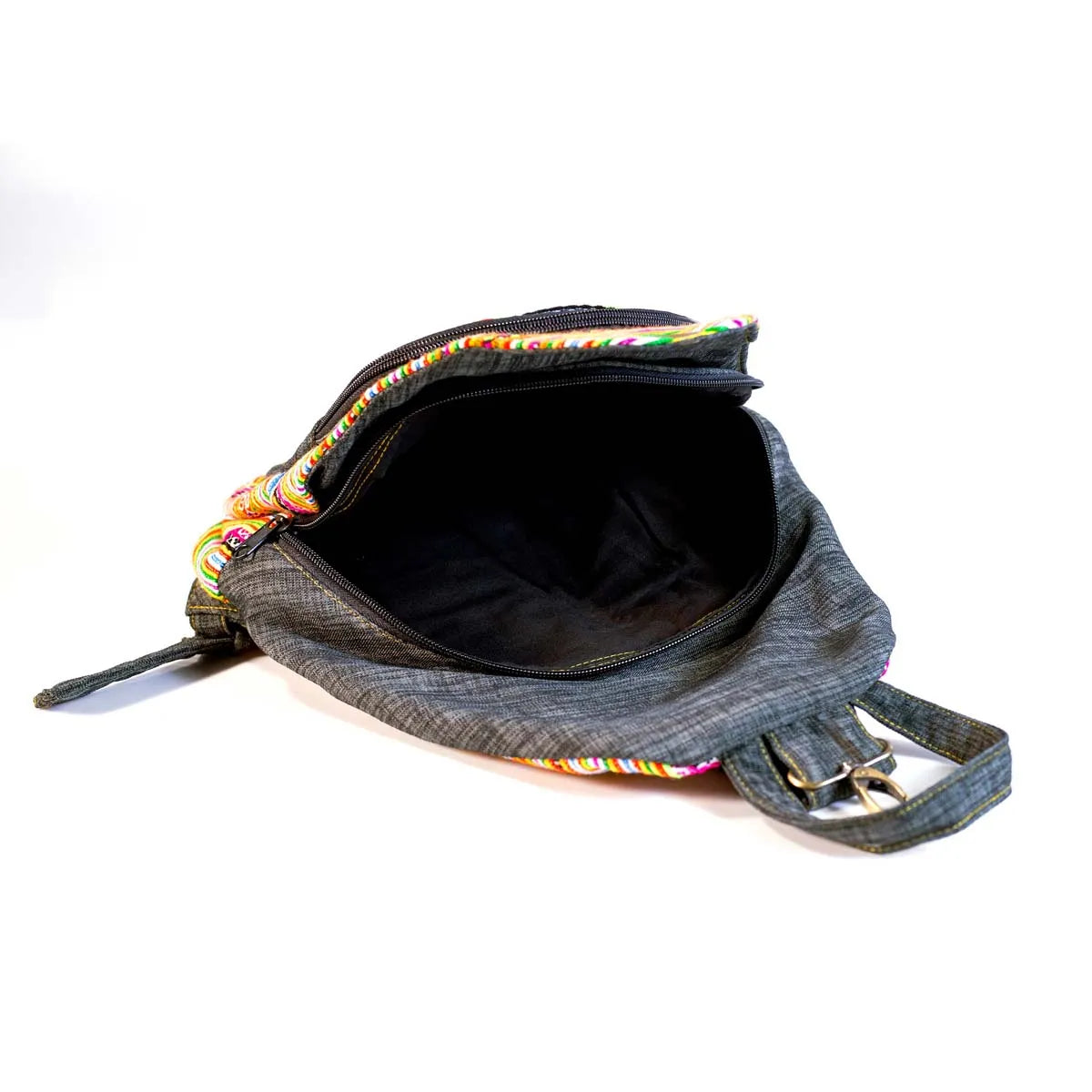 Vindigo yellow hemp embroidered backpack open top detail