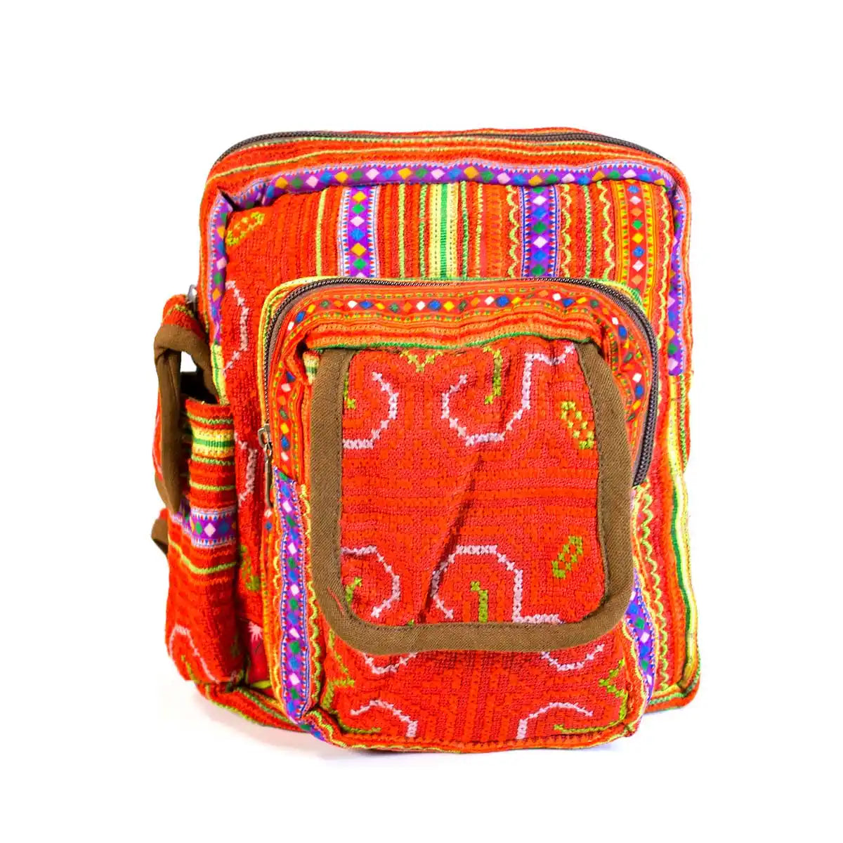 Vindigo handmade red hemp tribal embroidery backpack front view