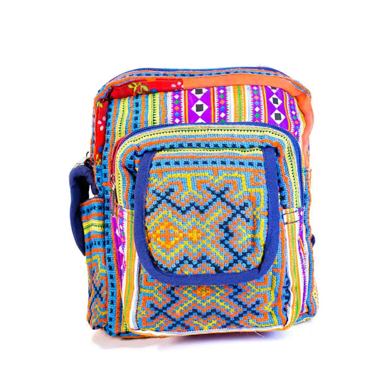 Vindigo handmade multicolor hemp tribal embroidery backpack front view