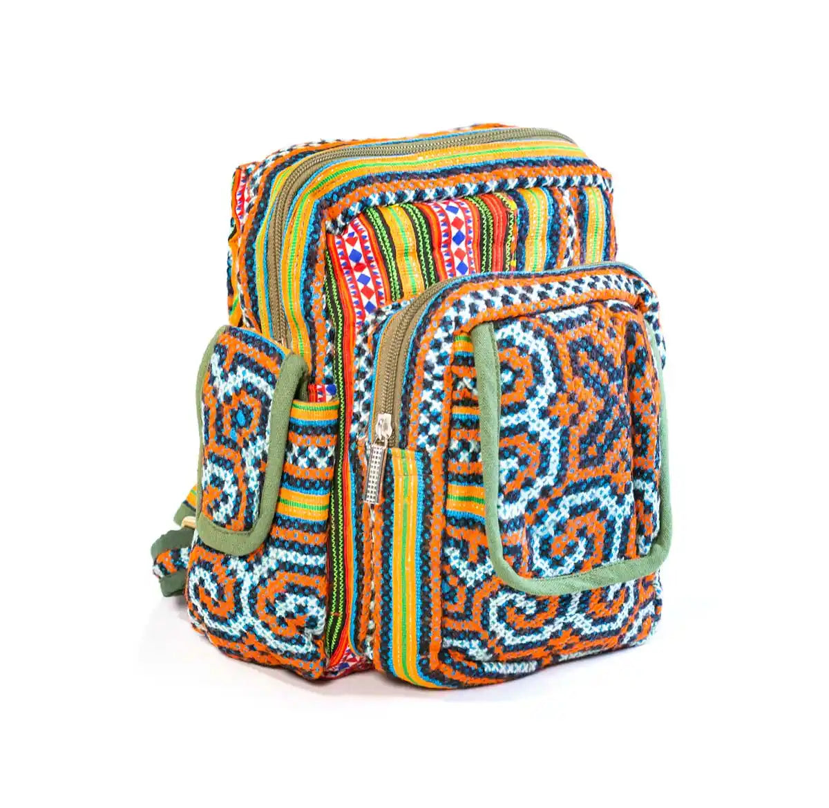 Vindigo handmade blue hemp tribal embroidery backpack front view