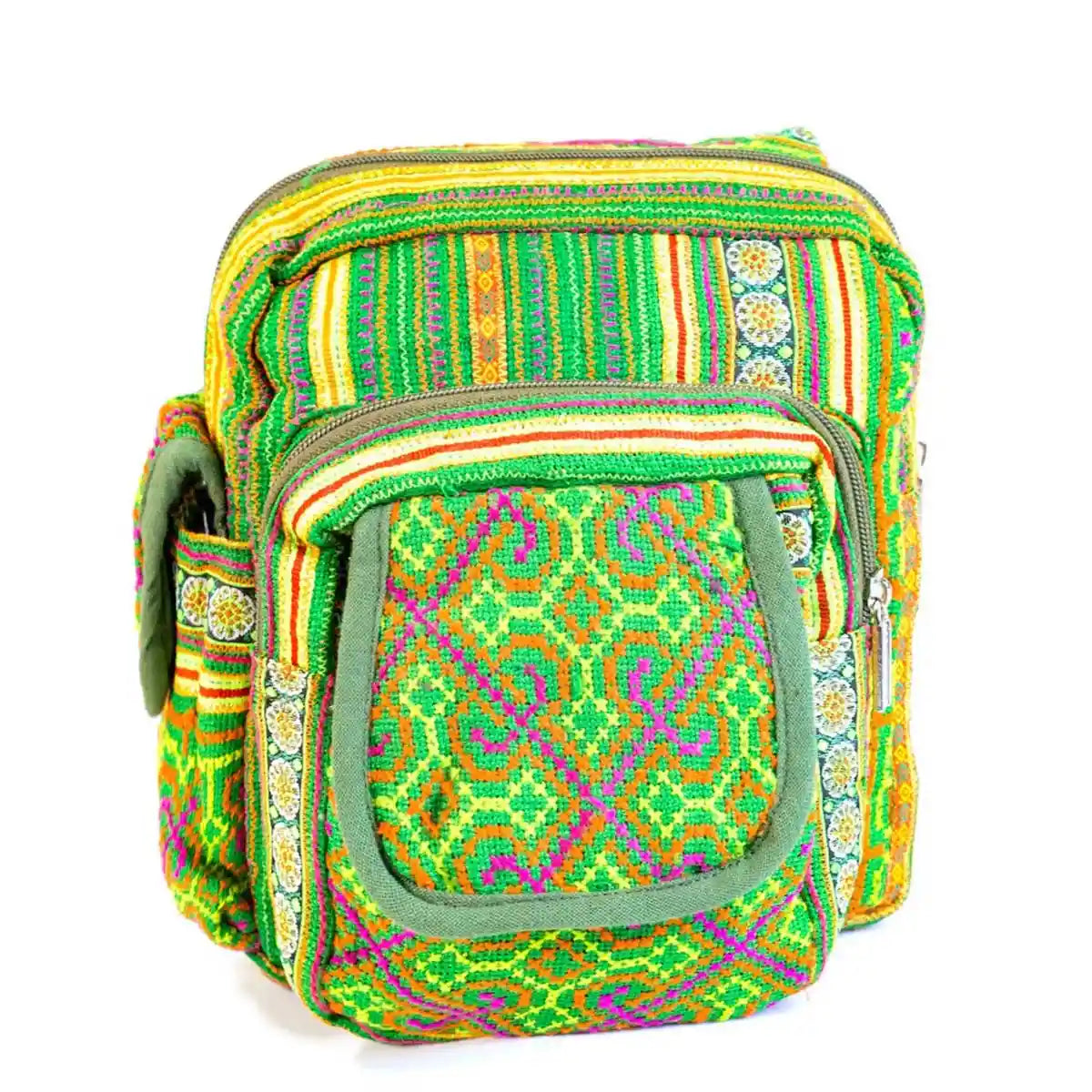Vindigo crossbody green linen geometric tribal front view