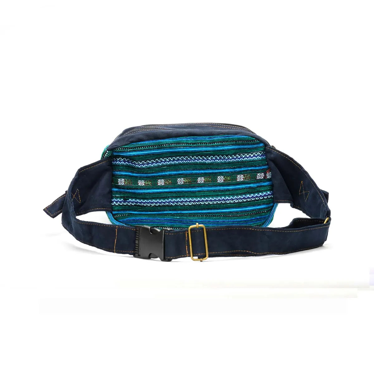 Vindigo green suede waist bag front view with H’mong hand embroidery