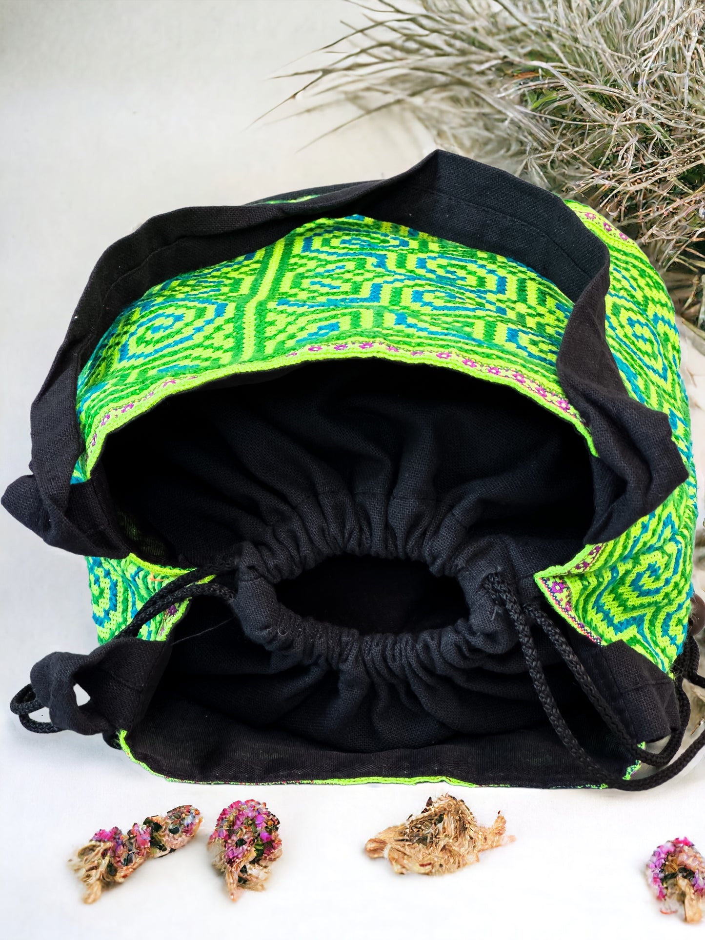 Neon green embroidery shoulder bag with string to close