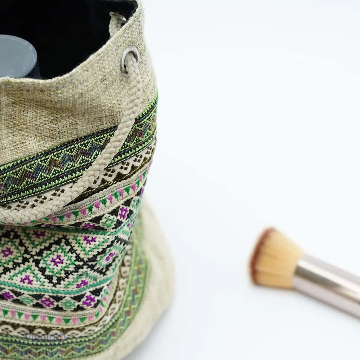 Vindigo hemp tribal pouch side angle showing embroidered texture