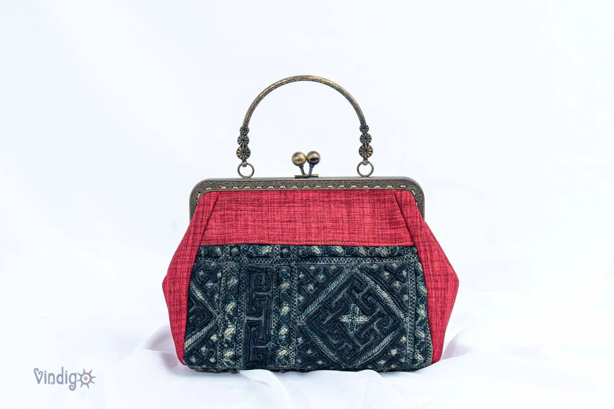 Vindigo handmade red handbag with H’mong embroidery front view