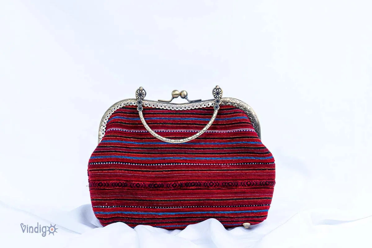 Vindigo red striped embroidery handbag with kiss-lock copper handle back view