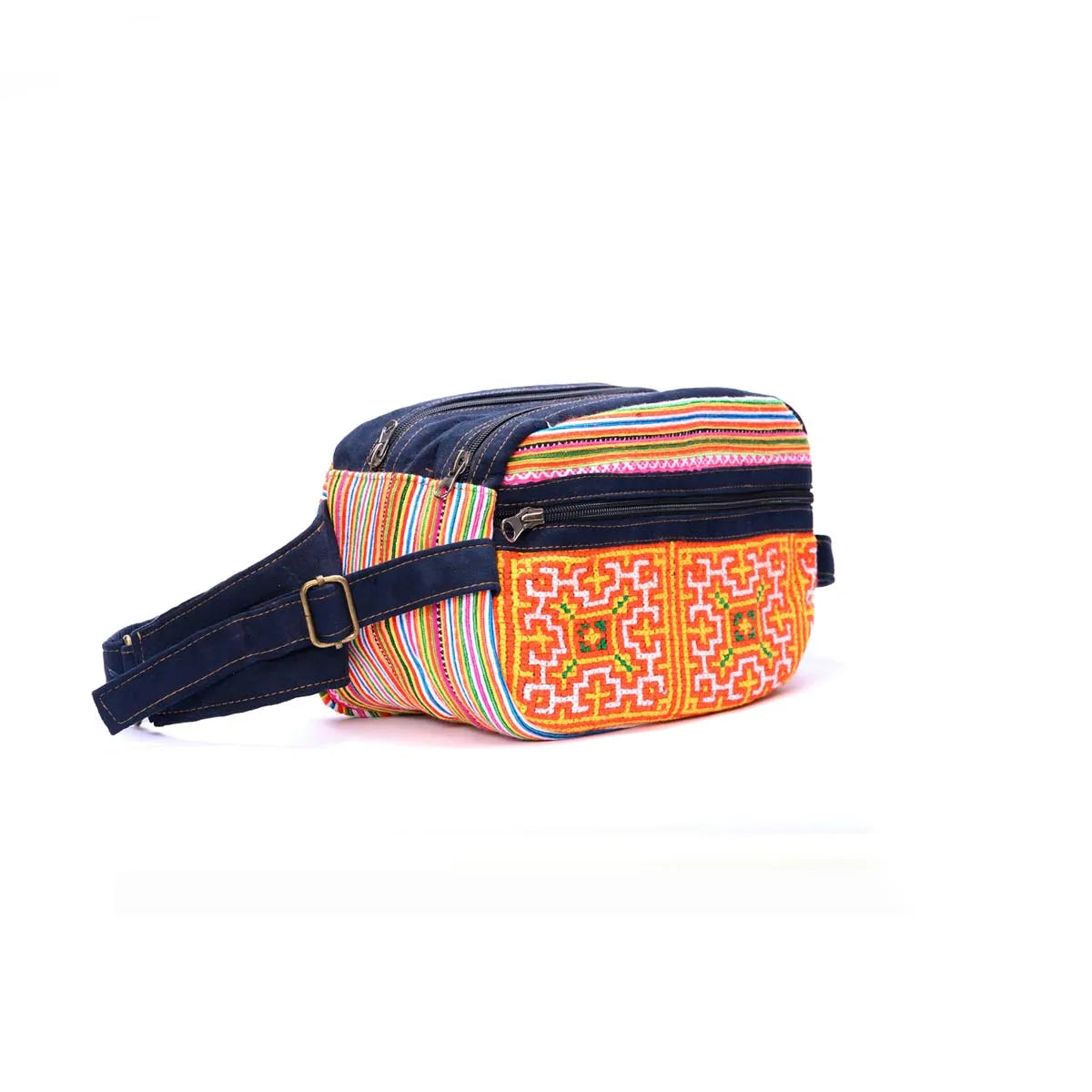 Vindigo waist bag with cross-stitch embroidery and zipper side perspective