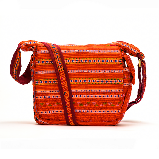 Boho-style linen, embroidery cross-body bag, H'mong tribal pattern in RED