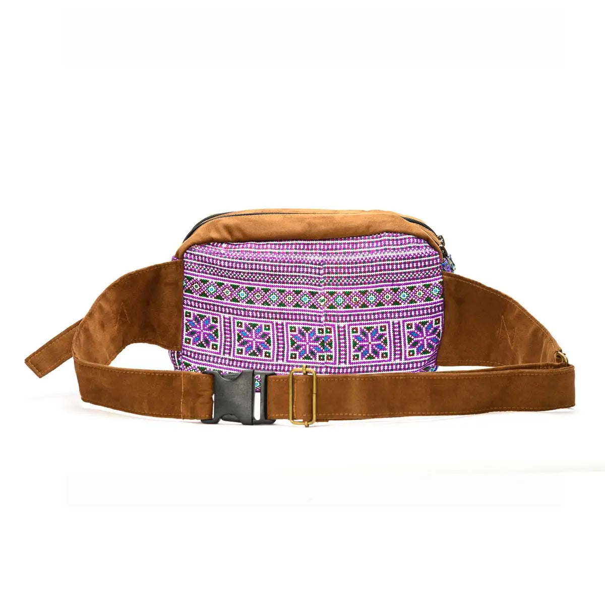 Vindigo embroidered waist bag with brown strap and back buckle view