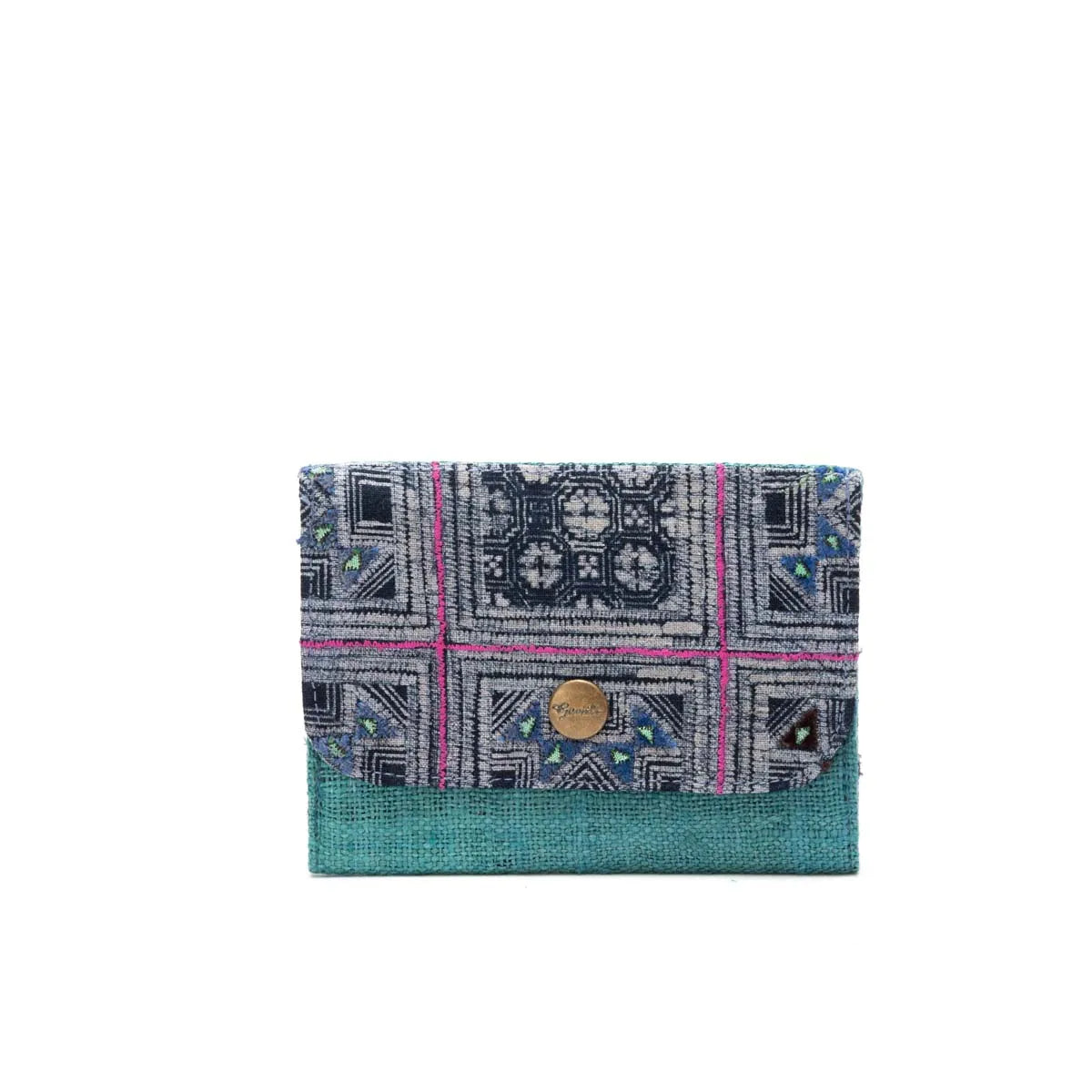 Vindigo handwoven cardholder with bold tribal batik and green base