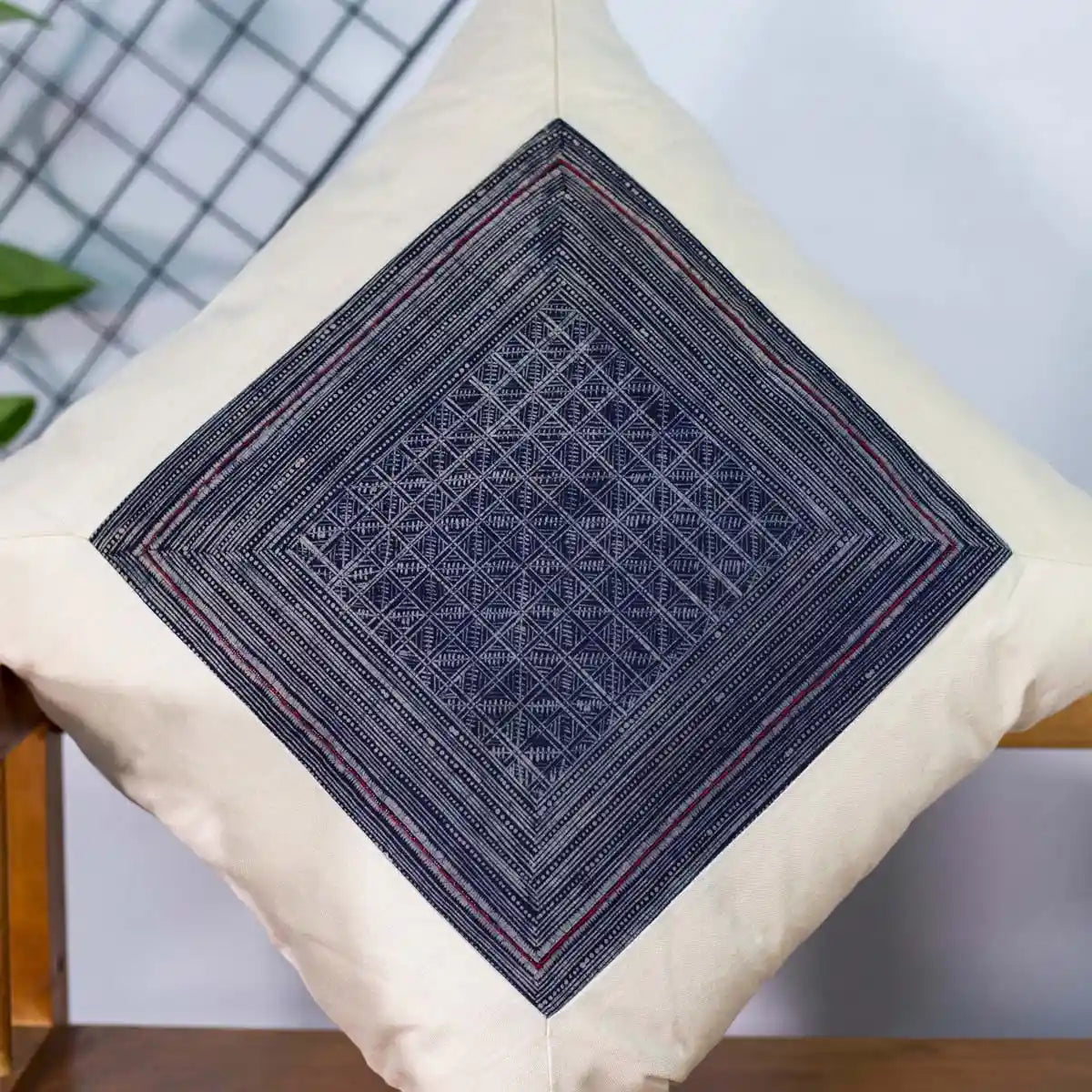 Vindigo beige cotton cushion cover indigo batik embroidery detail