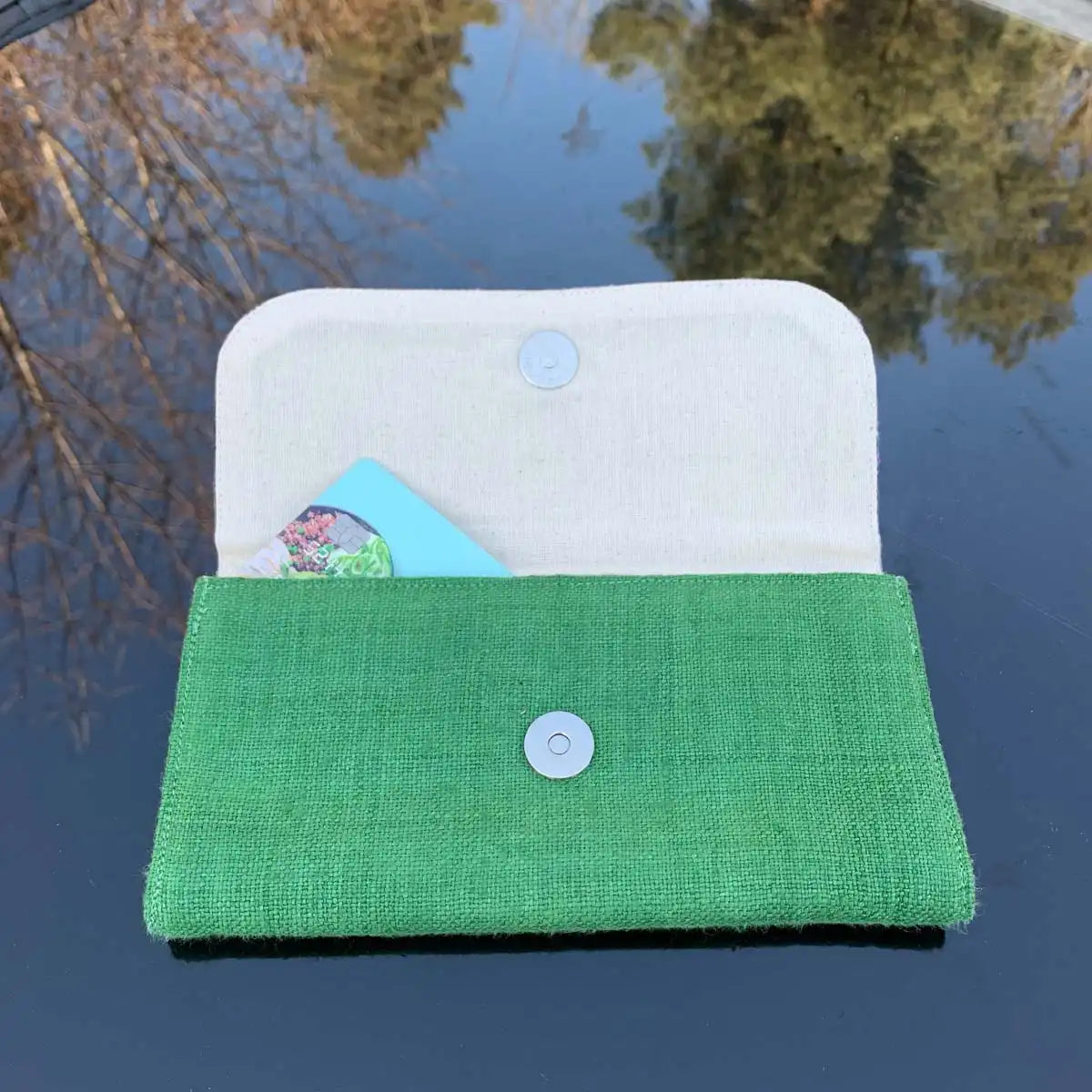 Vindigo long purse turquoise hemp open interior showing card slots