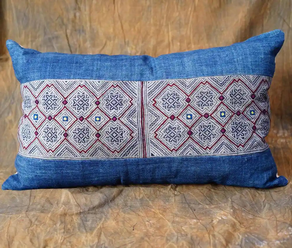 Indigo hemp lumbar cushion with geometric batik pattern
