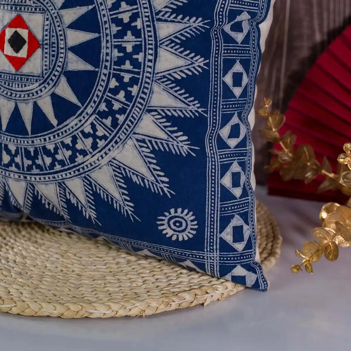 Vindigo blue hand-drawn batik cotton cushion cover side angle