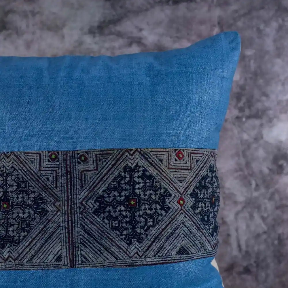 Vindigo blue hemp embroidered cushion cover top edge detail