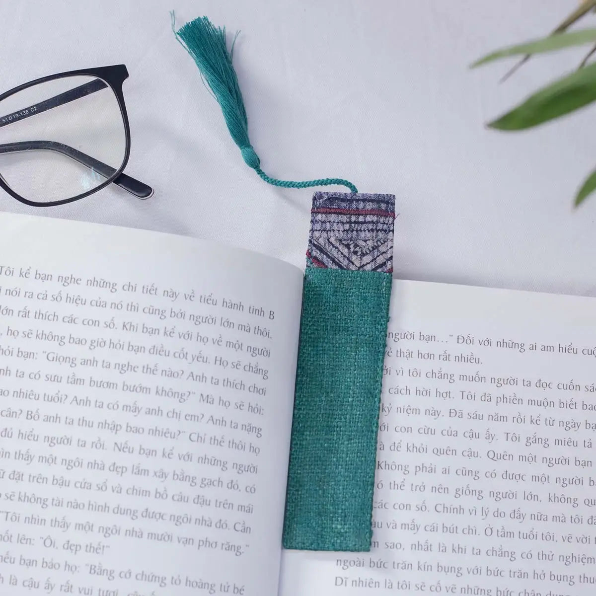 Vindigo teal hemp batik bookmark close-up with tassel detail
