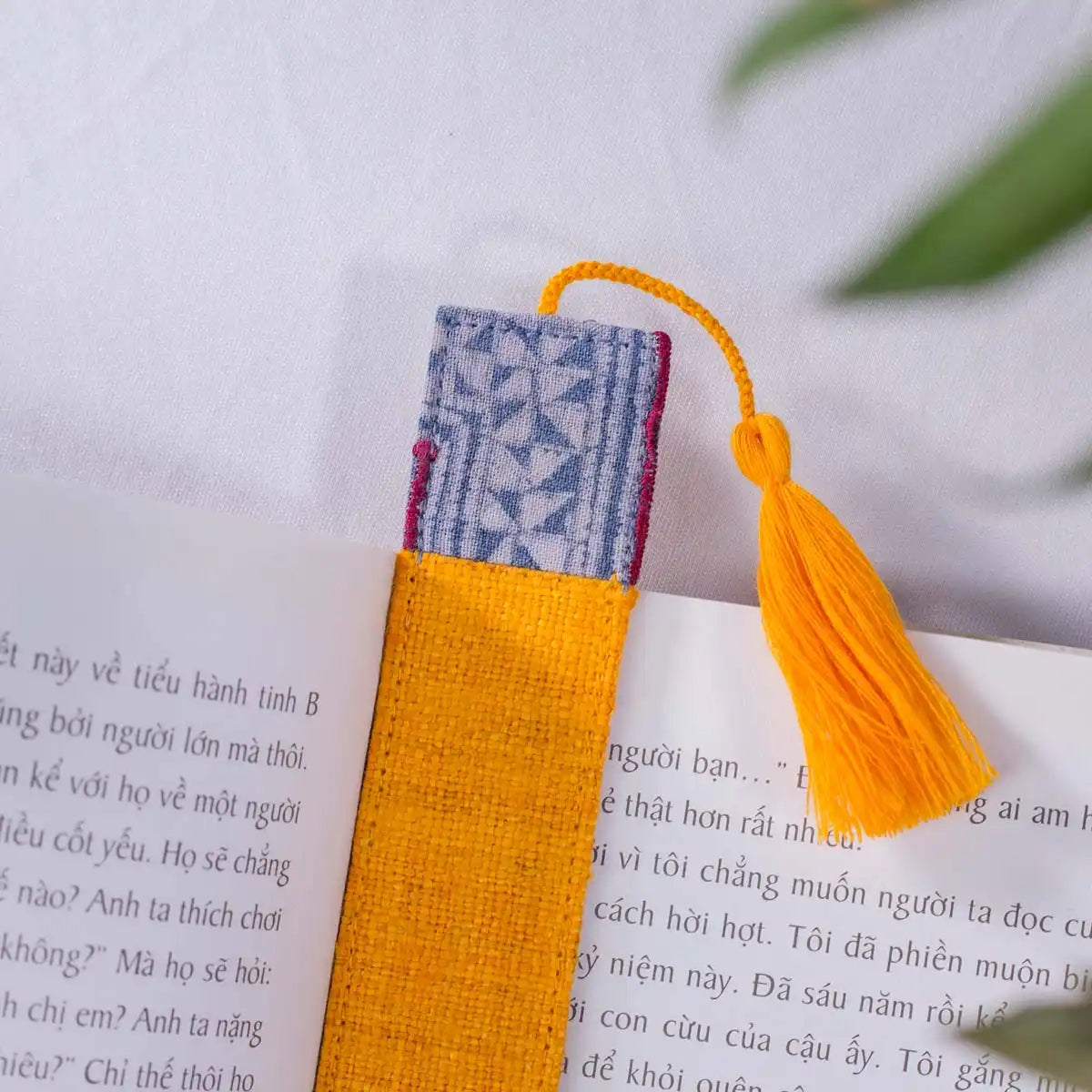 Vindigo handmade yellow hemp tribal pattern bookmark detail