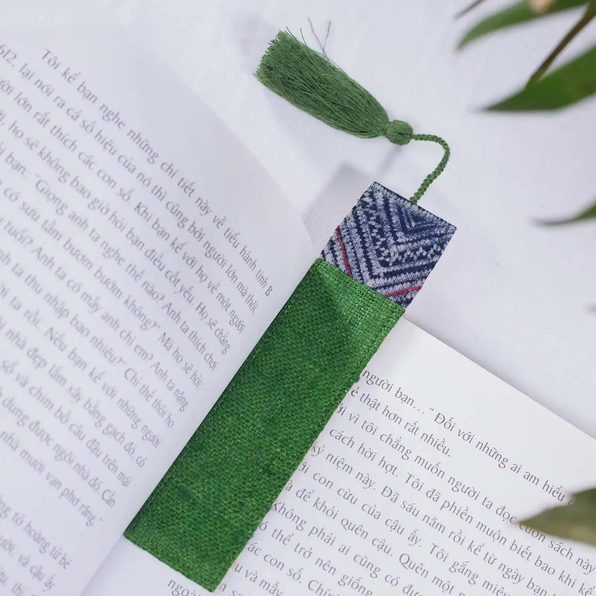 Vindigo green hemp tribal pattern bookmark with tassel detail