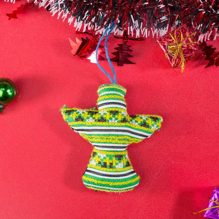 Vindigo handmade green tribal embroidered bell ornament hanging display