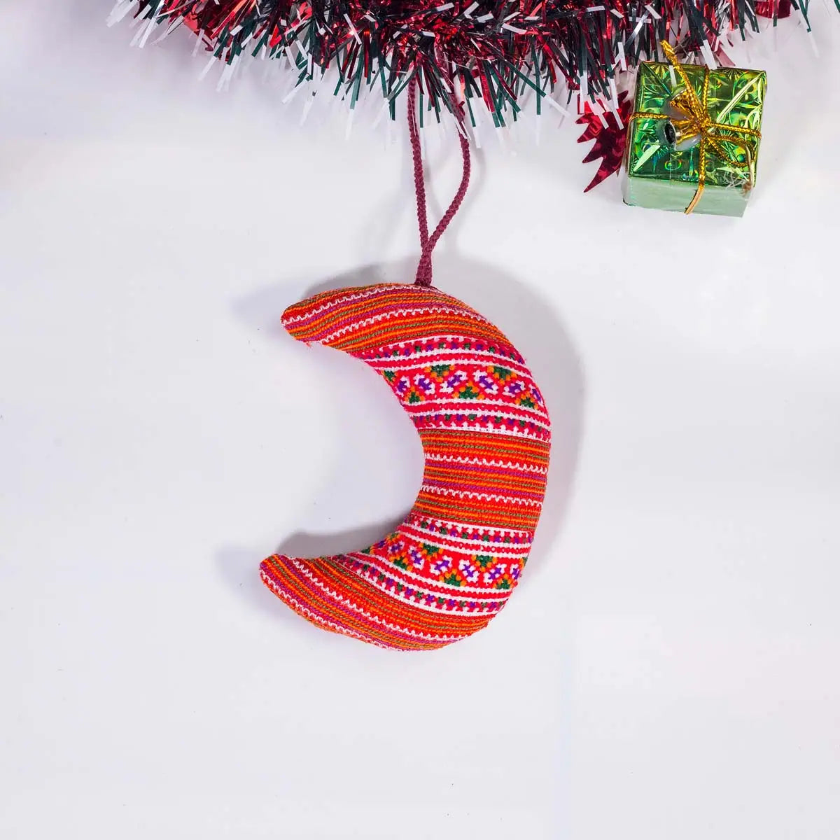 Vindigo red tribal embroidered moon ornament hanging display