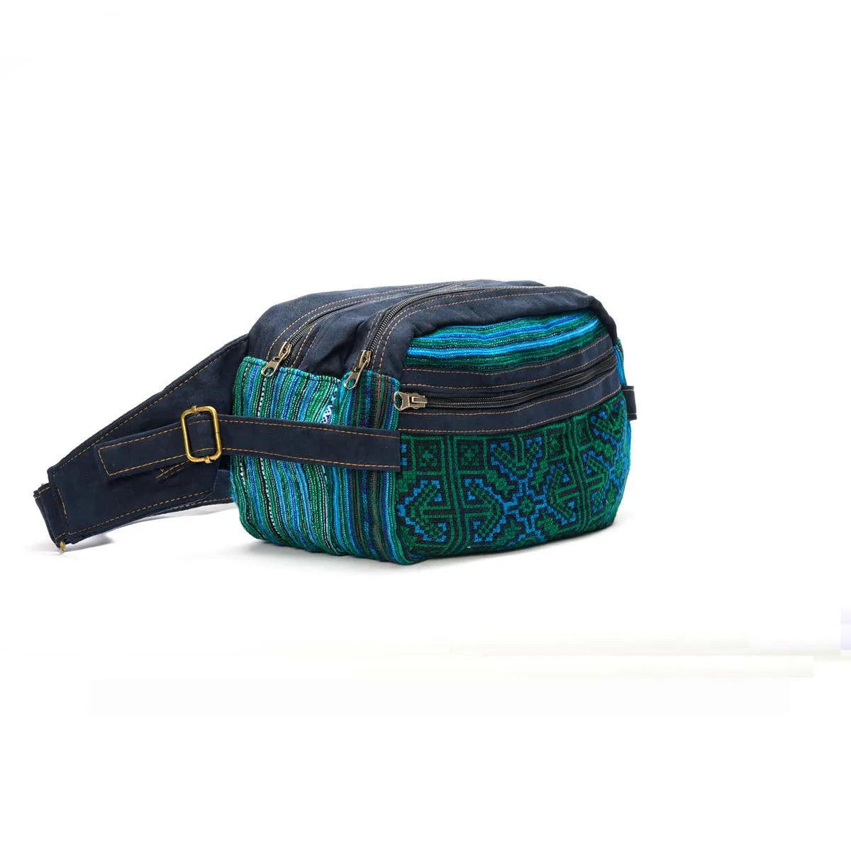 Vindigo green suede waist bag side angle showing layered compartments