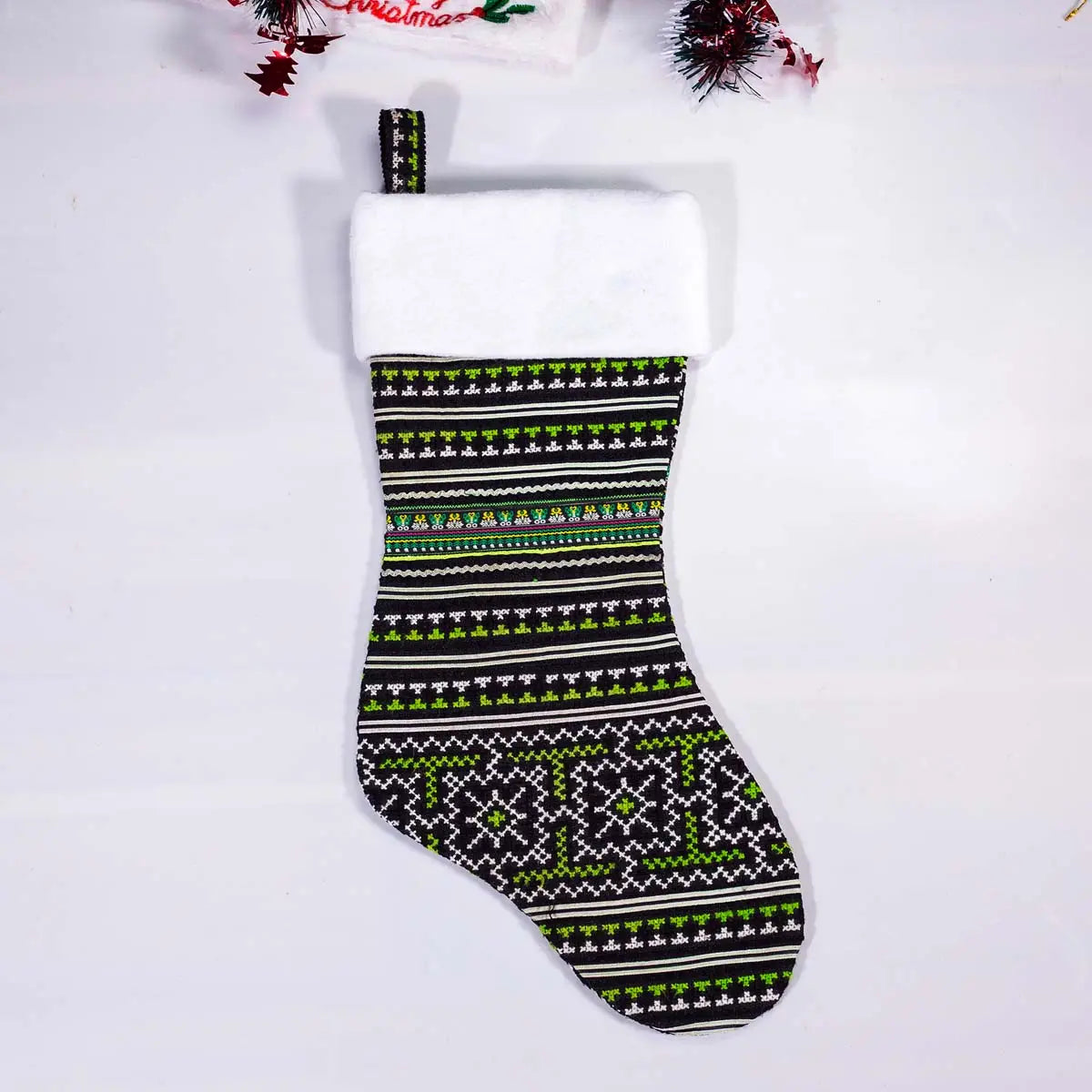 Vindigo green tribal embroidered Christmas stocking front close-up