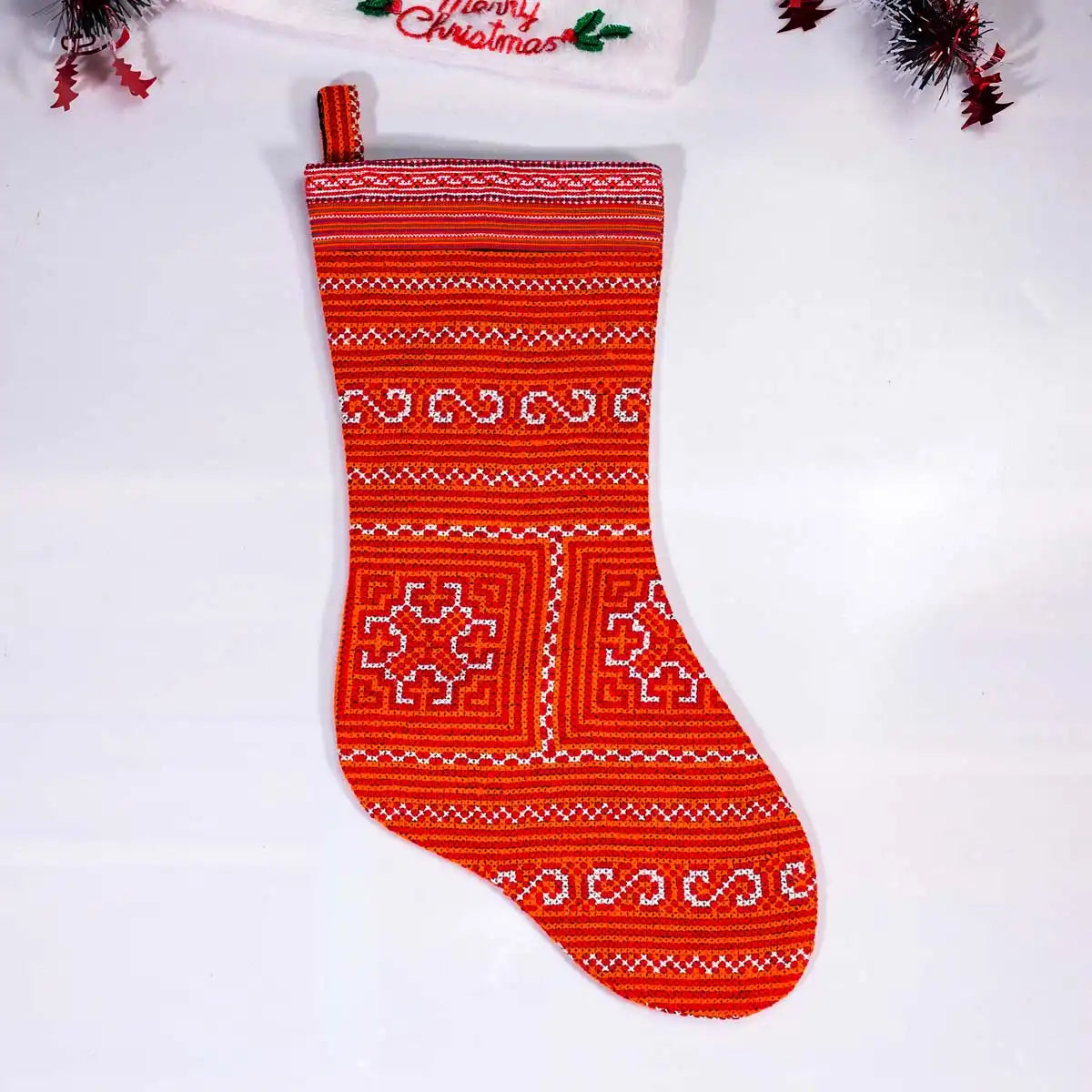 Vindigo red tribal embroidery Christmas stocking front close-up