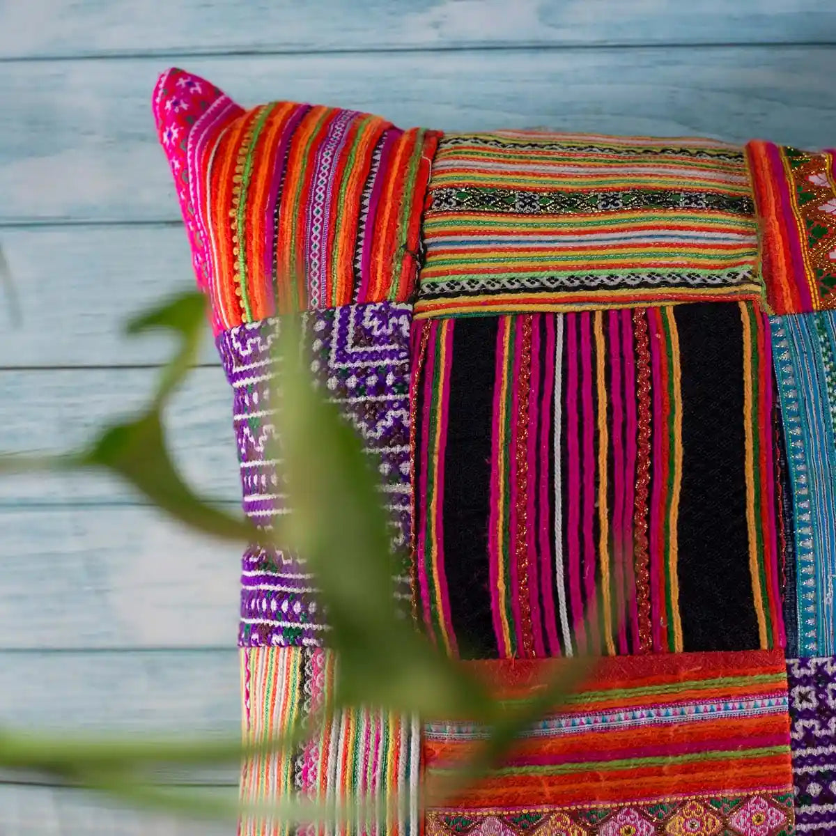 Vindigo handmade multicolor patchwork cushion cover close-up detail