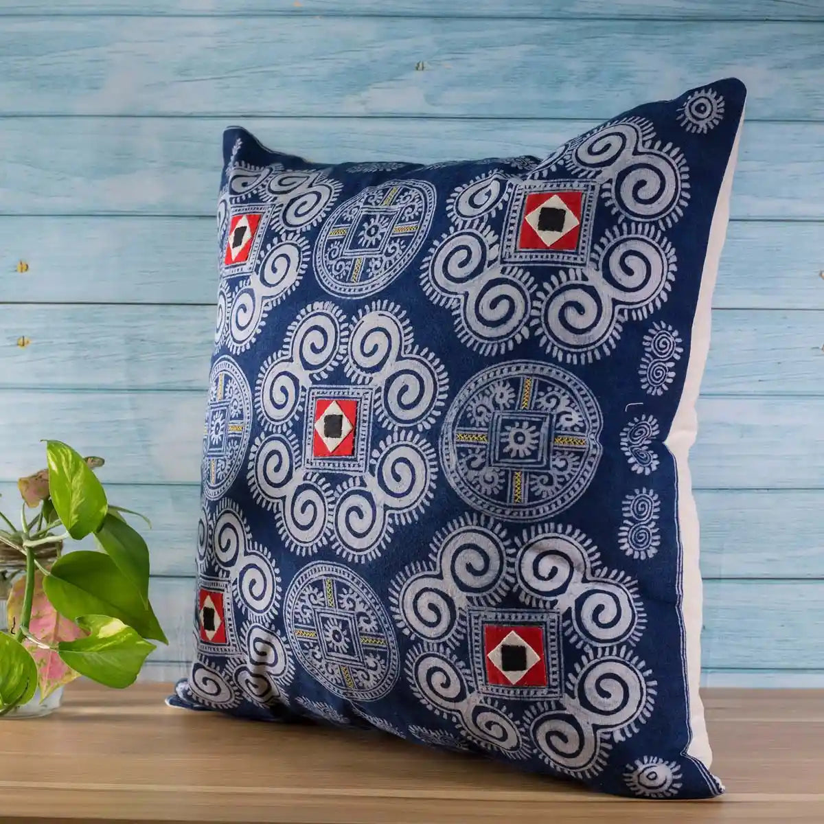 Vindigo indigo batik cotton cushion cover side view with red square motif
