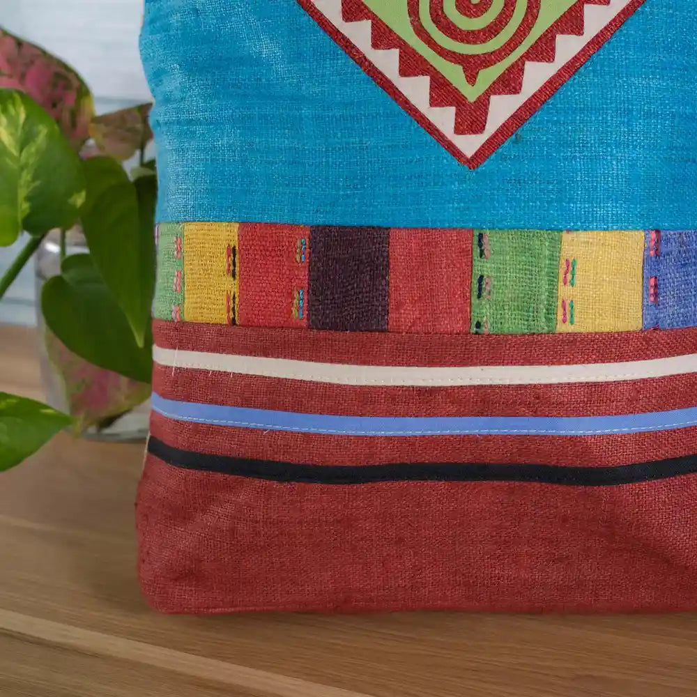 Vindigo tote bag blue hemp spiral patch and colorful stripe front view