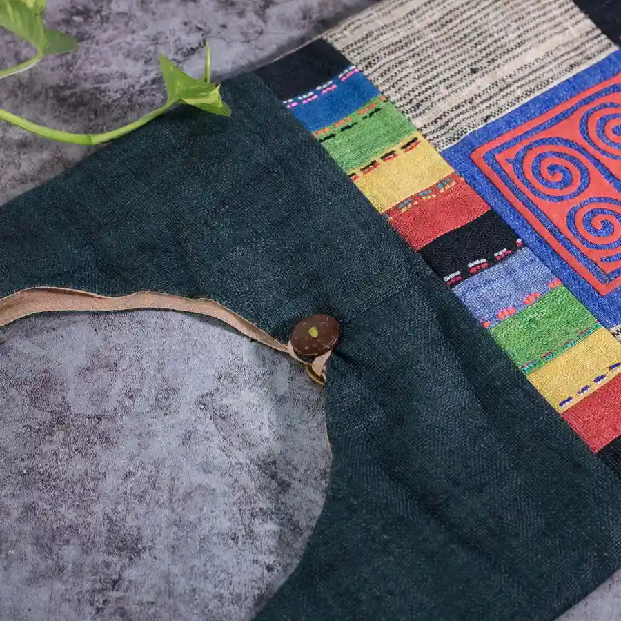 Vindigo shoulder bag teal hemp multicolor stripe and button detail