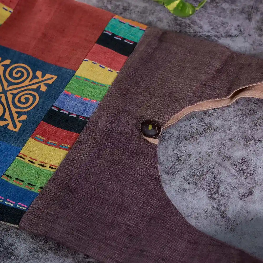 Vindigo shoulder bag brown hemp stripe and button detail close-up