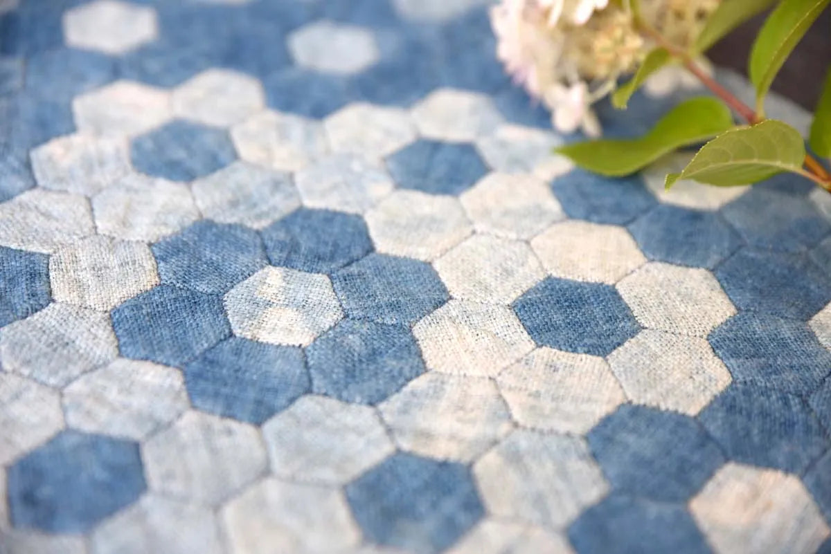 Fabric texture close-up of Vindigo hexagon denim placemat