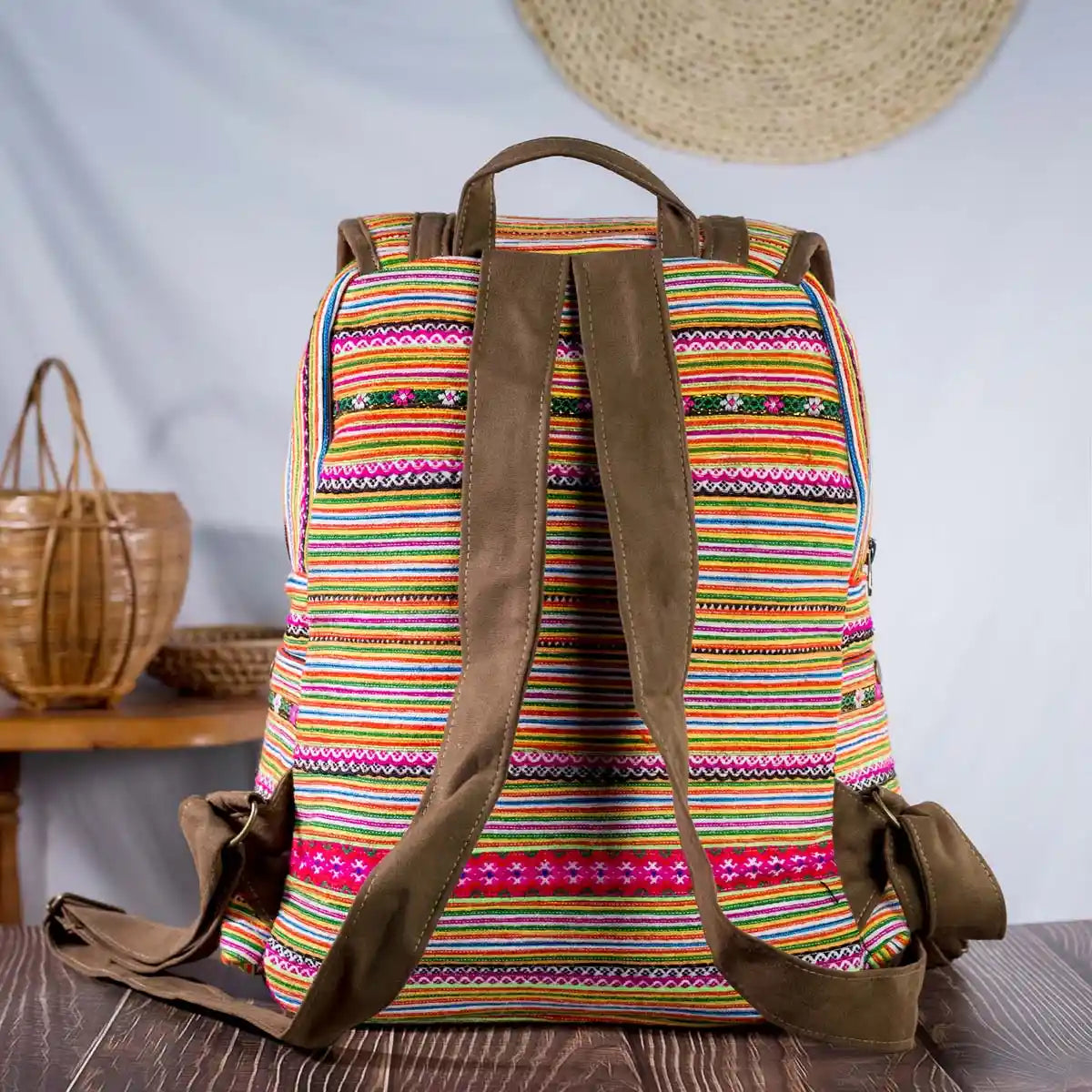 Vindigo orange embroidered cotton backpack back view