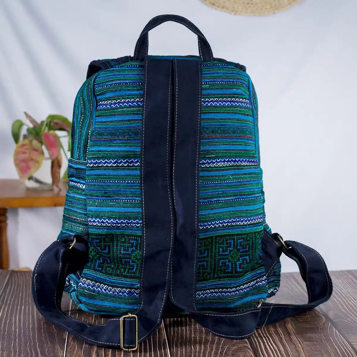 Vindigo blue embroidered cotton backpack back view