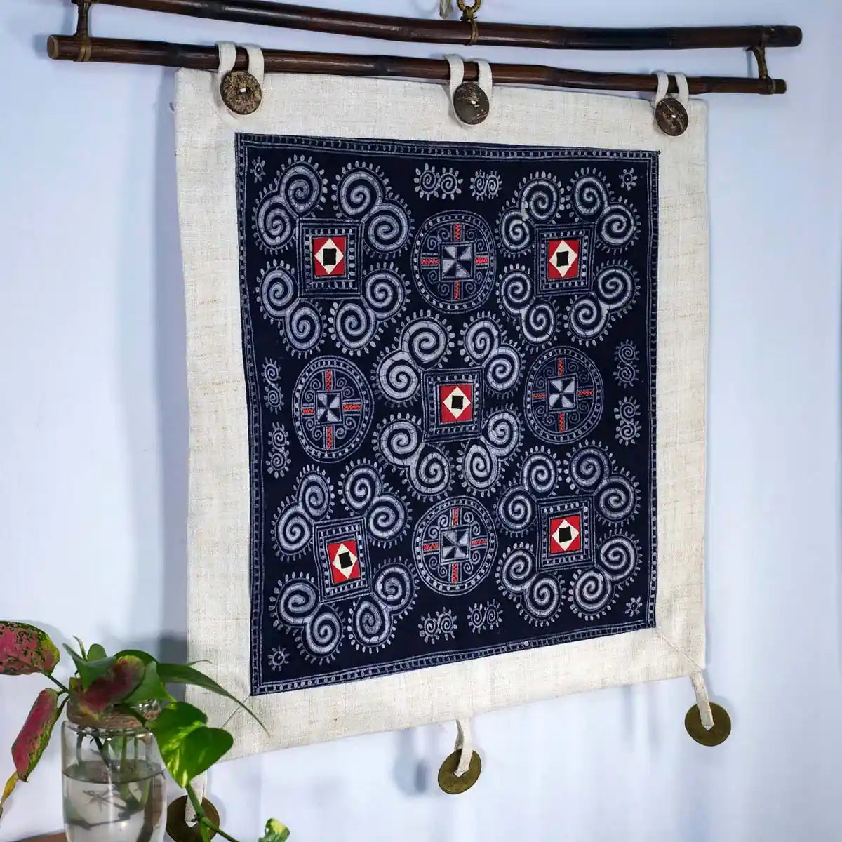 Vindigo indigo hemp batik tapestry wall display corner view
