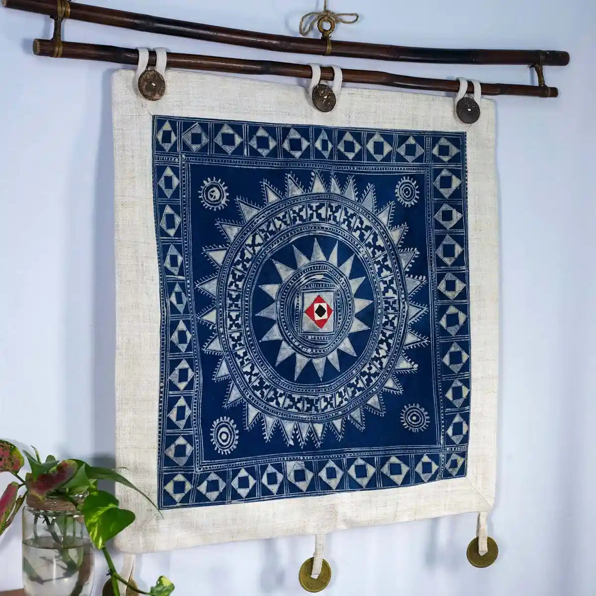 Vindigo indigo hemp batik square tapestry hanging corner view