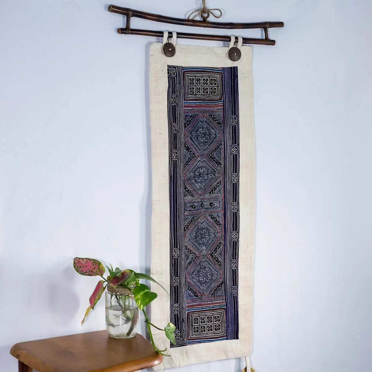 Vindigo indigo hemp batik tapestry in room corner